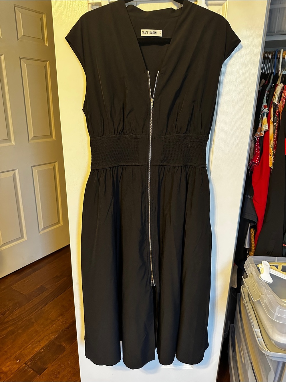 Grace Karin Black Midi Dress with Front Zip